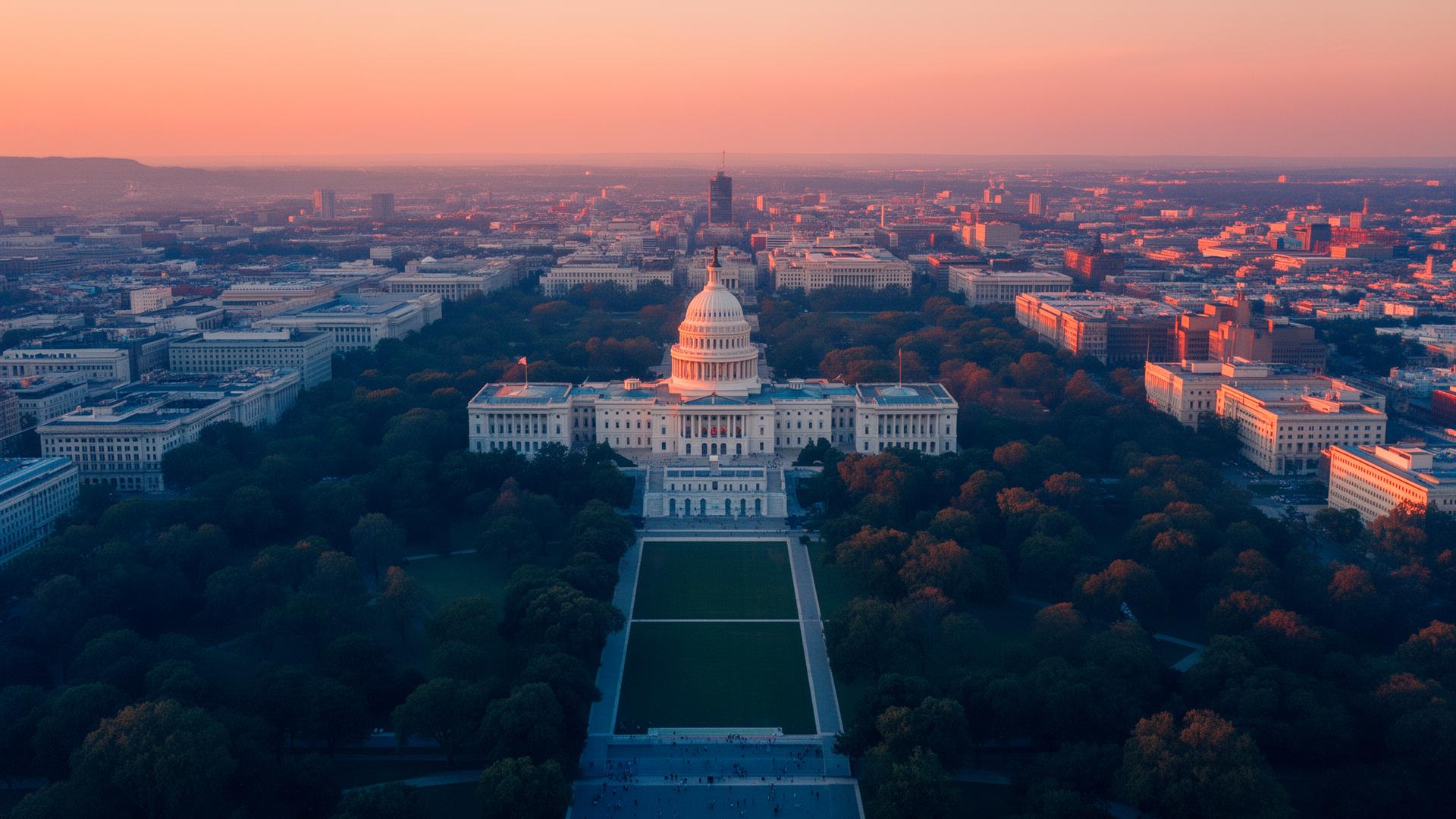 Aerial view of the US Capitol and the National Mall in Washington, DC at sunset